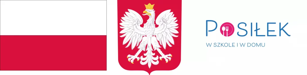 Flaga Polska, Godło Polski oraz logo programu Posiłek w szkole i domu.